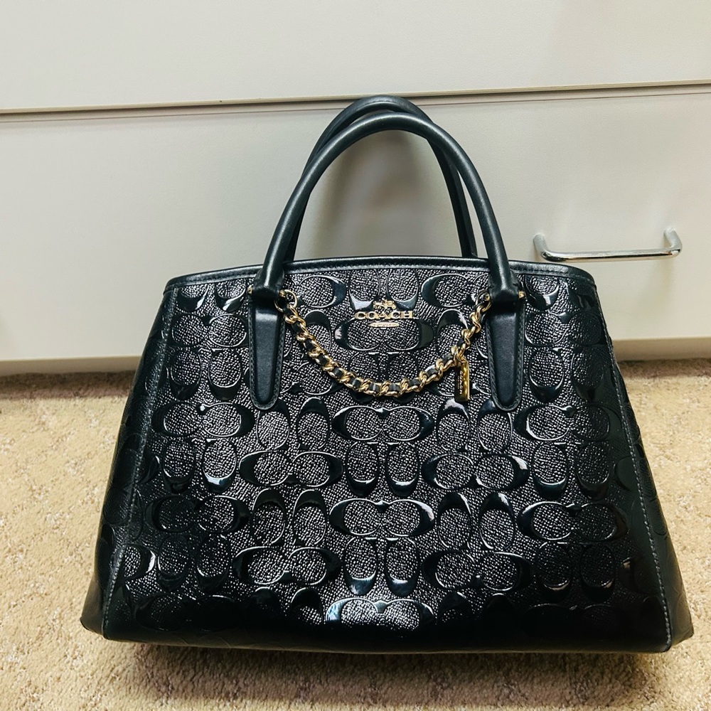 Coach Black Embossed Satchel with Gold Chain
